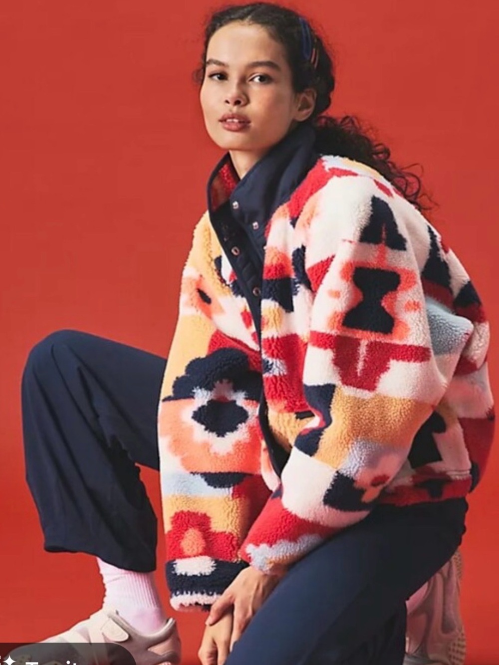 FP Movement Free People Hit The Slopes Printed Fleece Jacket M Coral Multi